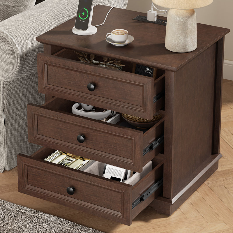 Beattie 3-Drawer Sets End Tables with Storage and Built-in Outlets,Side Table for Living Room,Bedroom,Office, Cherry