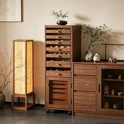 15.75"Modern Minimalist Multi-Drawer Jewelry Storage Cabinet – Rubberwood Body with Tea-Colored Clear Glass, Multi-Compartment Zoned Storage, Mobile S