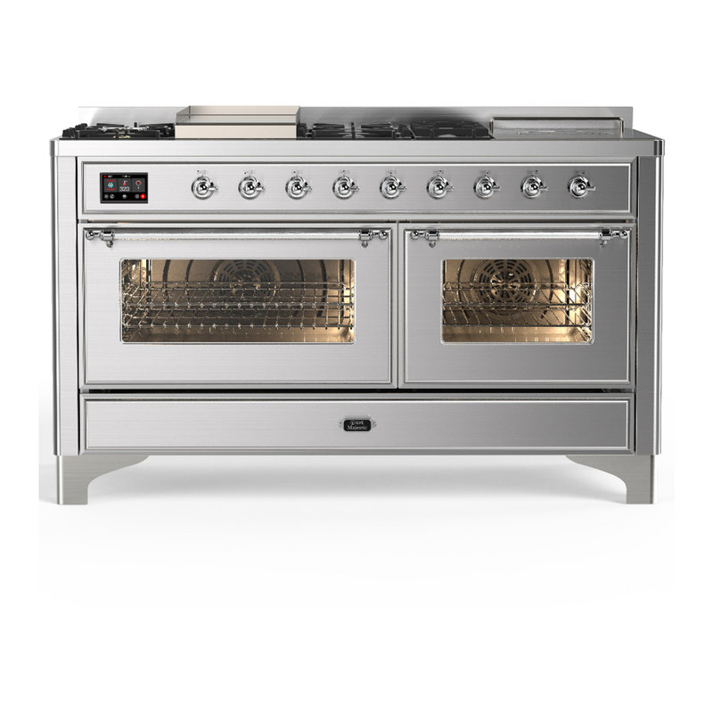 Majestic III Series 60 Inch Dual Fuel Range with 7 Sealed Burners, Griddle, Frenchtop in White (Natural Gas, Chrome Trim)
