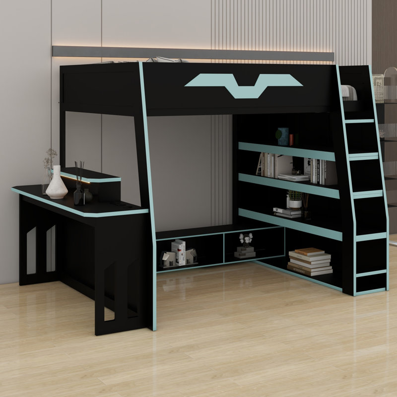 Lit mezzanine en bois moderne avec bureau, tablettes de rangement multiples et lumière DEL RVB, Bleu