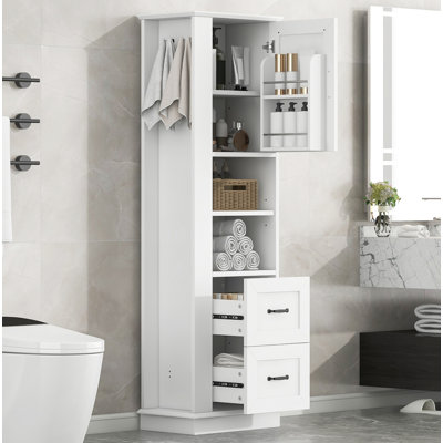 Grande armoire de rangement pour salle de bain, armoire de rangement autoportante avec crochet et tablette réglable, panneau de fibres à densité moyenne, noir, armoire de porte supérieure avec tablette intégrée et deux tiroirs inférieurs