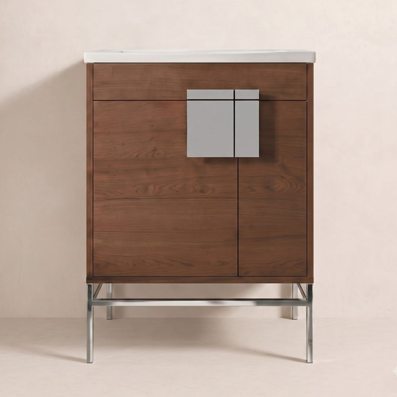 Maisie 24'' Single Bathroom Vanity with Solid Wood Top, Polished Chrome, Spicy Walnut