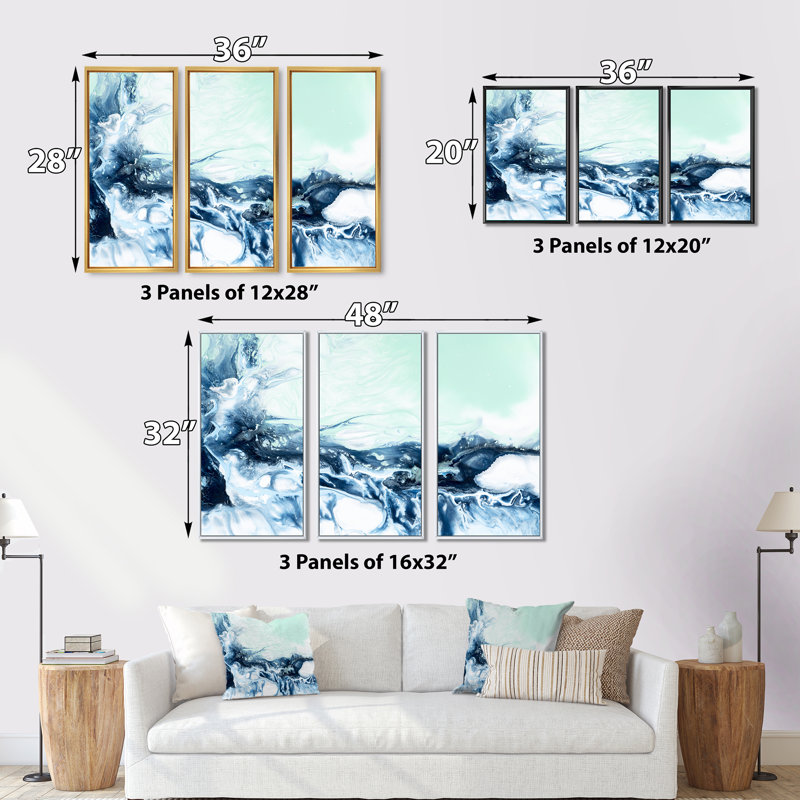 «Blue and Green Liquide Art», reproduction de cadre photo sur toile 3 pièces, Cadre noir, H 20 po x l 36 po x P 1 po