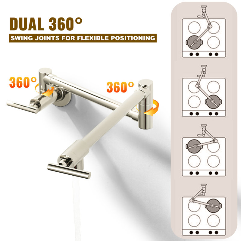 Commercial Wall Mount Brass Pot Filler Faucet with Double Joint Swing Arms, Polished Nickel