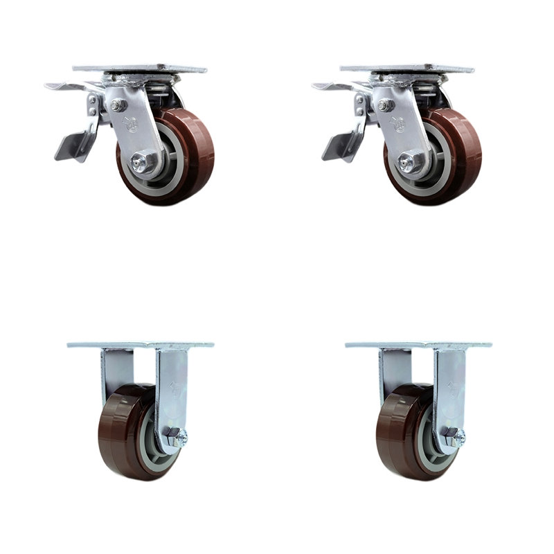 Ensemble de roulettes en polyuréthane 4 pouces avec roulement à billes 2 freins et 2 roulettes de service rigides