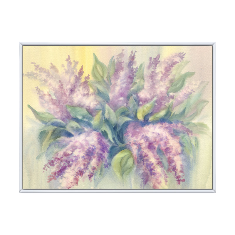 Lilas Bouquet In Vase - reproduction sur toile, H 8 po x l 12 po x P 1 po, Cadre flottant blanc