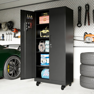 Armoire de rangement en métal robuste avec portes et roues, armoire de garage de 71 po de hauteur avec 4 tablettes réglables, armoire à outils verrouillable avec panneau perforé et 8 crochets, armoire de rangement en acier noir pour le garage