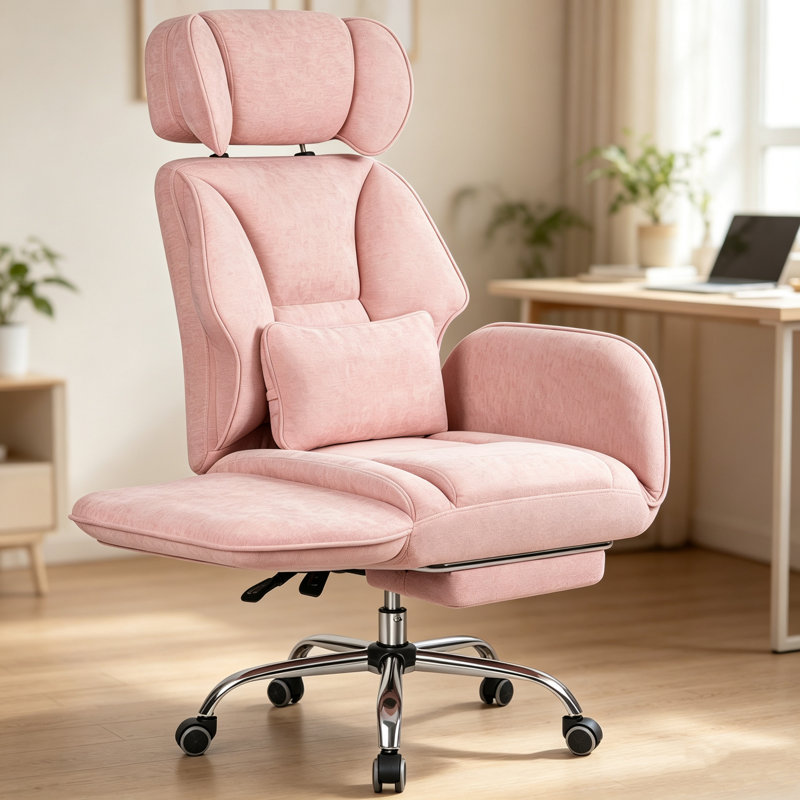Chenille Cross-Legged Office Chair with Flip Armrests, Big and Tall Executive Desk Chair with Lumbar Pillow & Side Pockets
