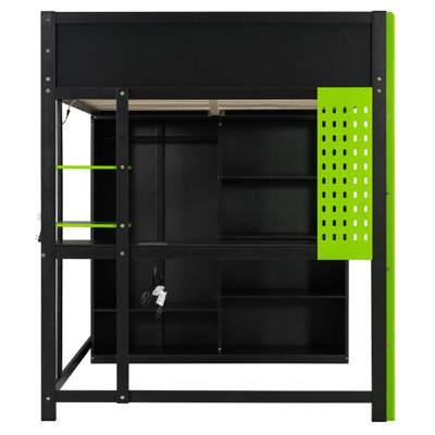 Lit mezzanine double en bois avec bureau, garde-robe ouverte et lumière RVB, vert