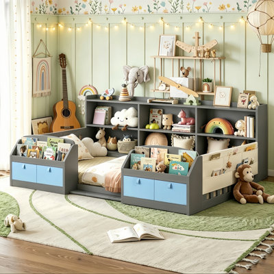 Montessori Floor Bed with Bookcase & Guardrails Storage Kids Grounded Bed, Mother & Child Low-Profile Bed