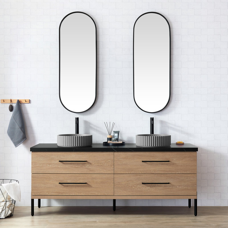 Meuble-lavabo double Kaminski en chêne nord-américain avec plateau en pierre frittée noire et lavabo en béton, 72"