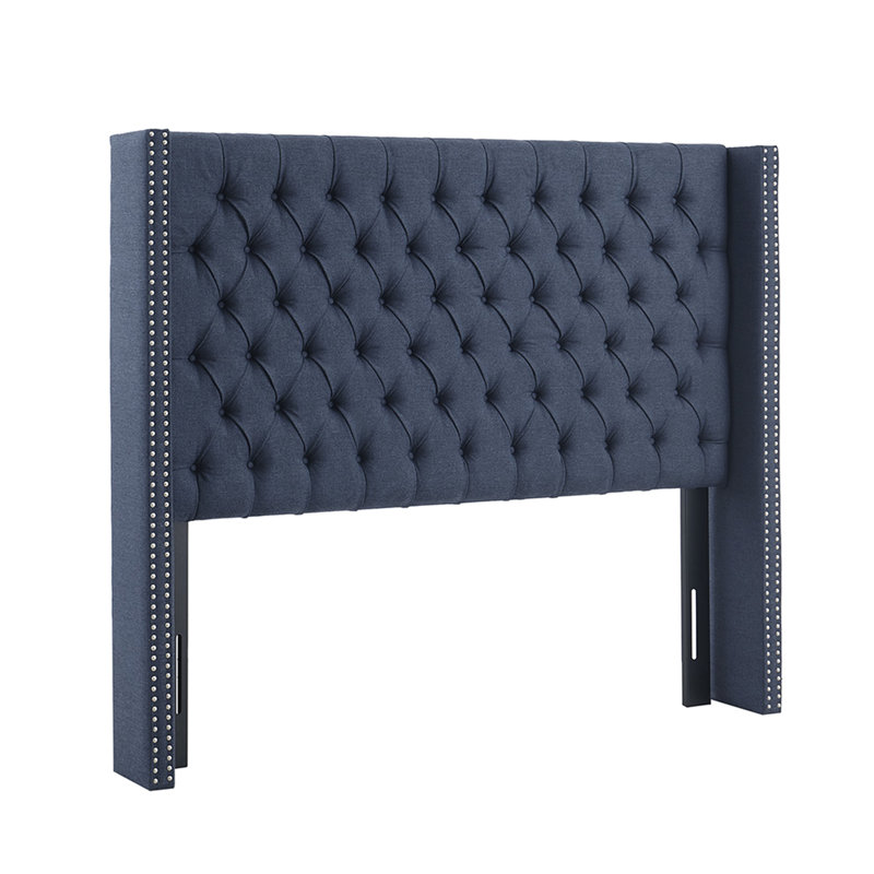 Tête de lit tapissier bleu marine pour grand lit, bouton avec double décoration cloutée, pieds en métal réglables noirs, assemblage requis, capitonnage et garniture inclus avec outil, revêtement, pieds noirs, ensemble