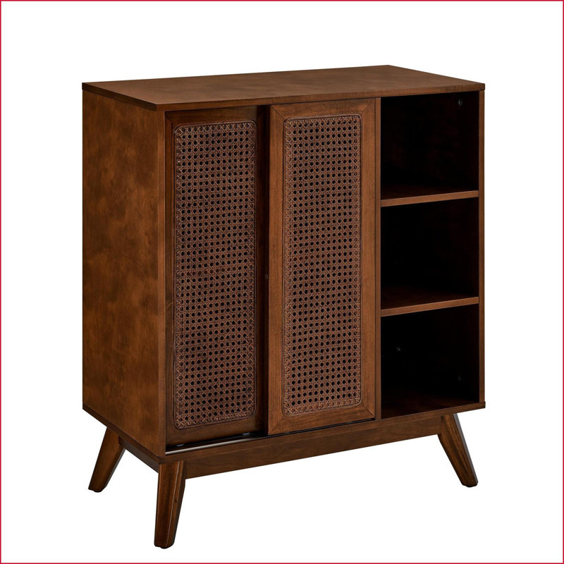 Buffet en bois foncé moderne avec portes en rotin et tablettes réglables Pieds en bois massif | Panneau de fibres à densité moyenne | Économique