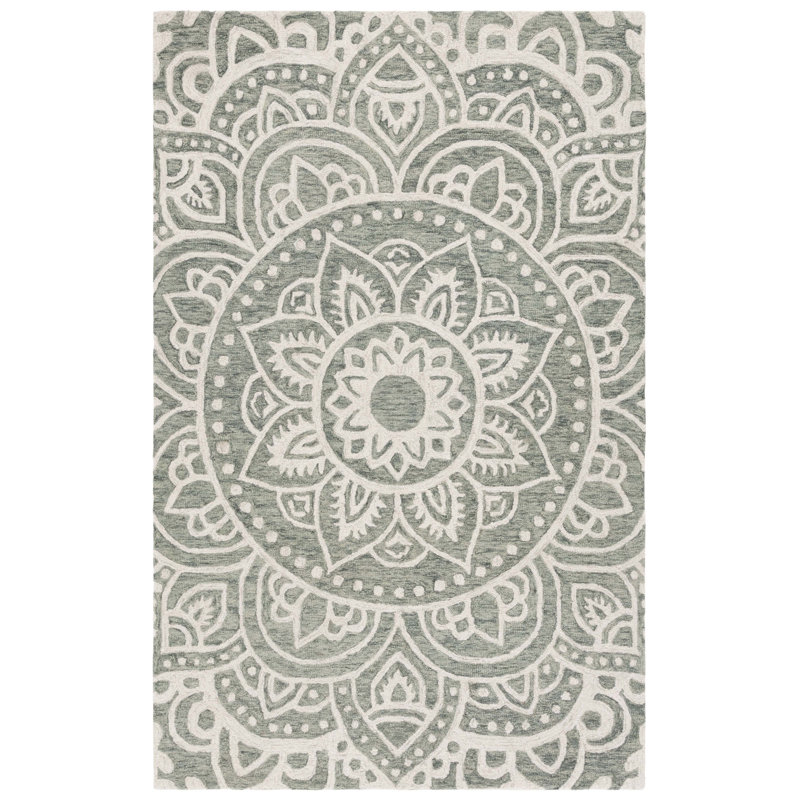 Metro 387 Hand Tufted Wool/Cotton Floral Rug in Green/Ivory, Rectangle 6' x 9'