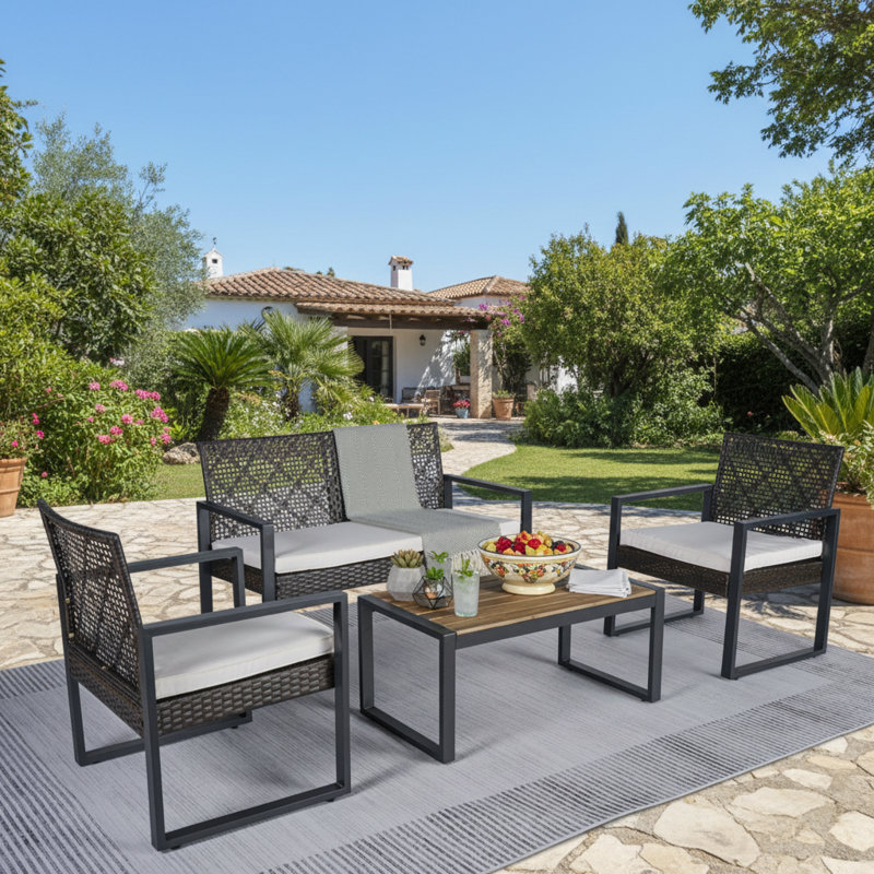 4-Piece Outdoor Furniture Set With Modern Brown Tone And Beige Cushions, Featuring Acacia Wood Tabletop, Suitable For Balconies, Porches, Gardens And Backyard Lawns
