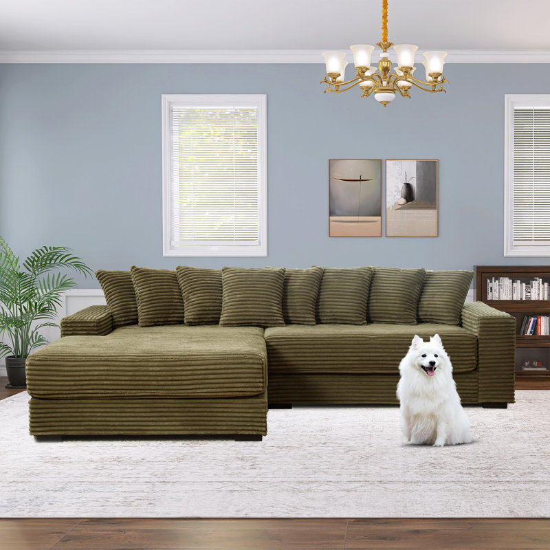Gus 111"W 2 - Piece Luxury Corduroy Sectional, 8 Cuddle Cushions, Olive, Left Hand Facing
