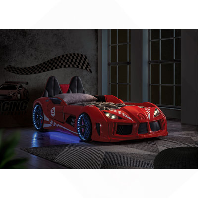 Modern Novelty Style Twin Size Race Car Design Bed Attached Two Magnetic Doors With LED Lights On Wheels And Bottom Upholstery Headboard And Sides