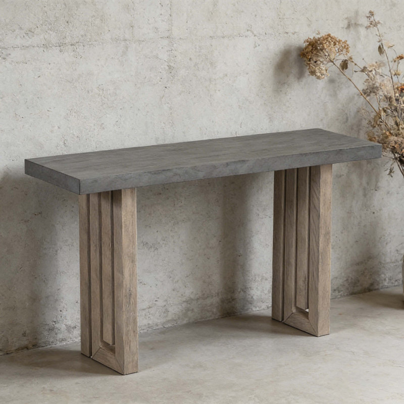 Modern Minimalist Oak Veneer Console Table With Slatted Double-Pillar Legs, 59" Long Entryway Table For Hallway, Living Room & Foyer (Gray Wash Finish)