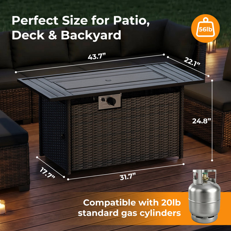 44 Inch Propane Fire Pit 50000 BTU 2 in 1 Outdoor Gas Fire Pit Table with Removable Lid, Waterproof Cover, Glass Rocks,CSA-Listed Rectangle Fire Table for Patio,Garden,Backyard,Black