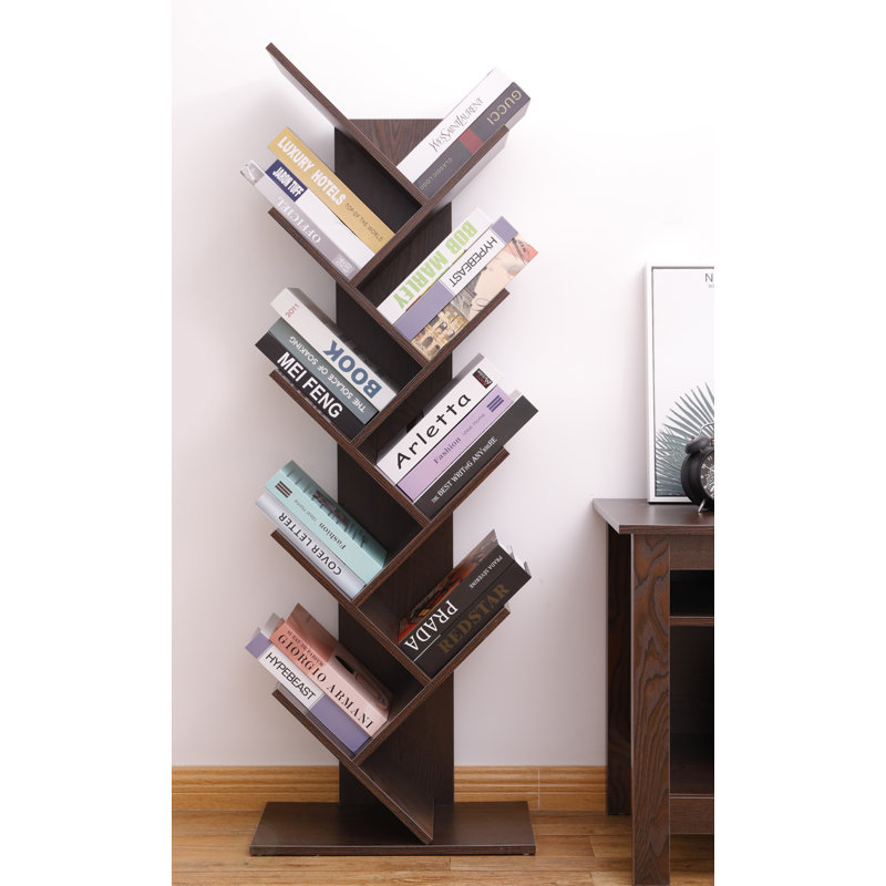 Korou Wood Geometric Bookcase, (9 Shelves) 55" H x 19.5" W x 9.25" D, Brown