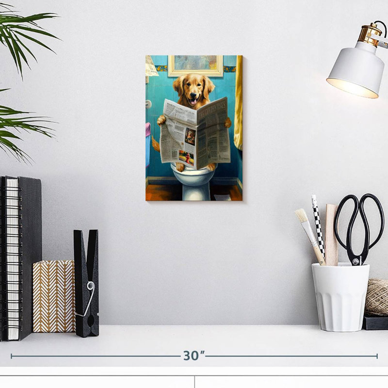 Golden retriever sur une toilette sur toile, H 12 po x l 8 po x P 1 po