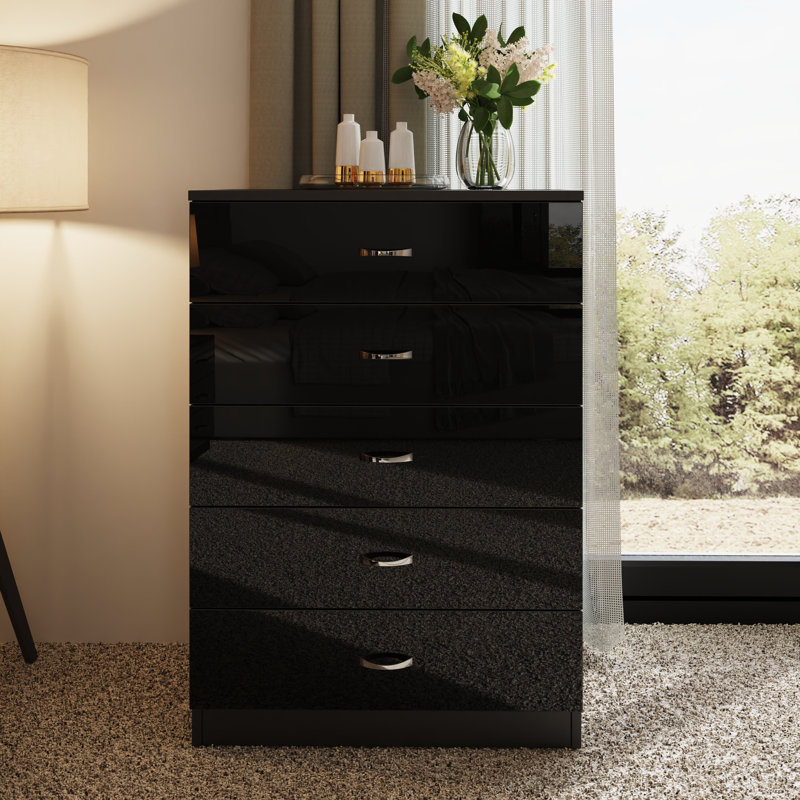 Brendle 5 Drawer Chest Of Drawers: 70cm Wide - High Gloss Front with Chrome Handles, Scratch Resistant., Black