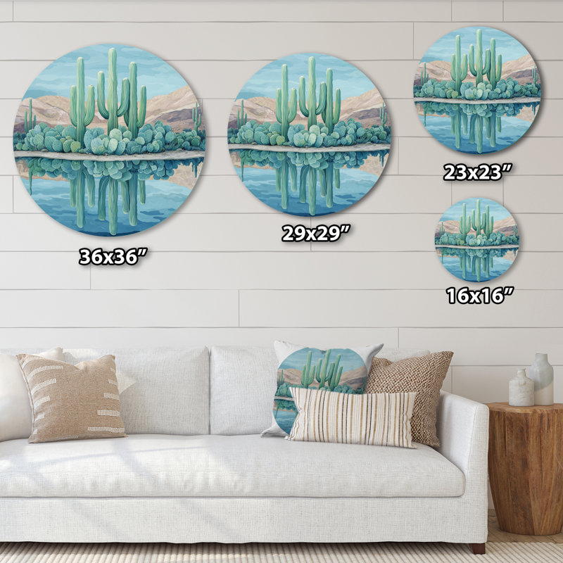 «Cactus and the Desert Oasis I», art mural rond en métal, impression traditionnelle en métal vert, H 23 po x l 23 po