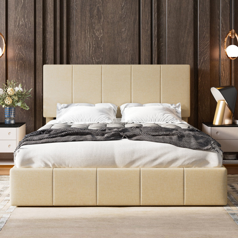 Lit plateforme tapissier hydraulique avec rangement en velours, Grand, Beige Linen