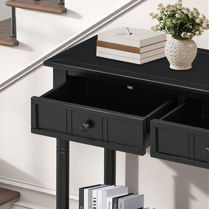 Console en bois massif avec deux tiroirs et tablette inférieure, Noir