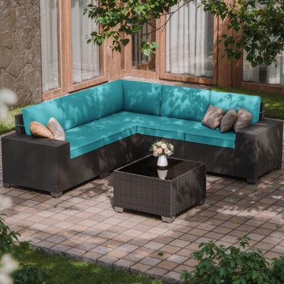 Ensemble de canapé modulaire en rotin PEHD pour l'extérieur 5 personnes avec coussins et accoudoirs larges toutes saisons