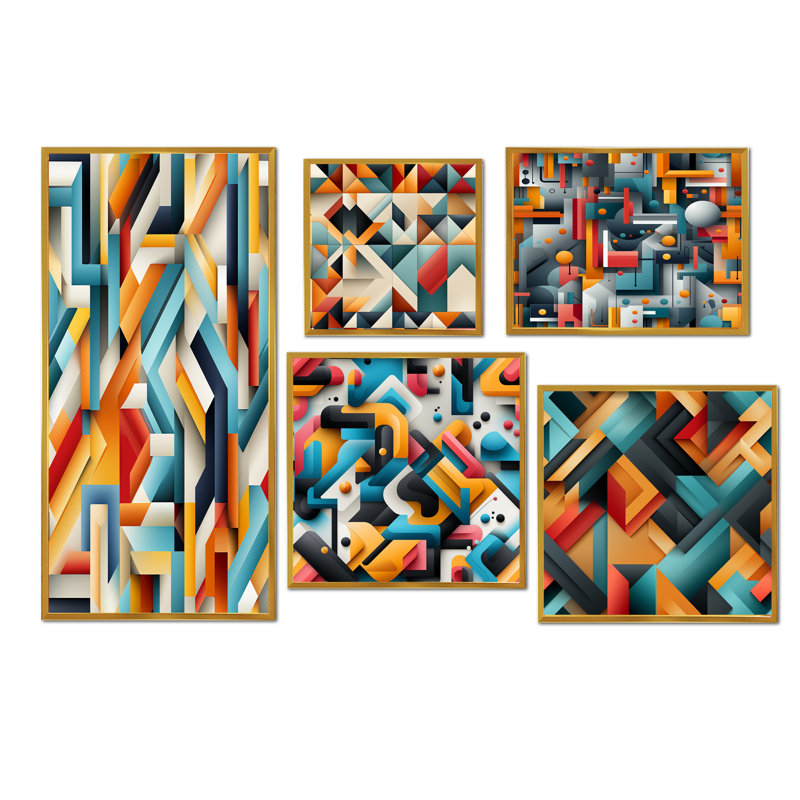 Conayr - ensemble de 5 reproductions d'art sur toile géométrique, Cadre flottant doré