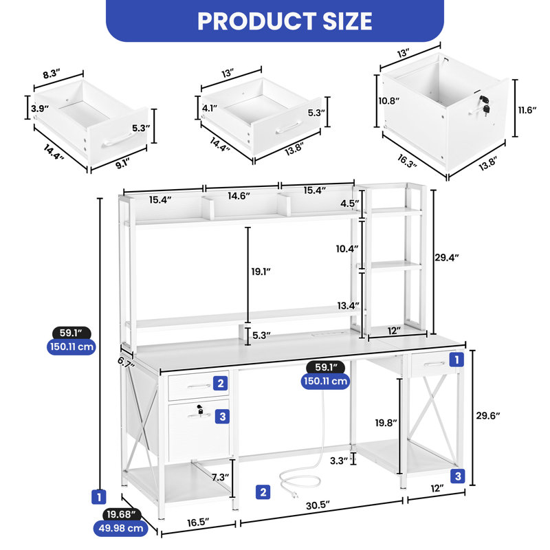 Labinot Metal Base Computer Desk with Power Outlet, White