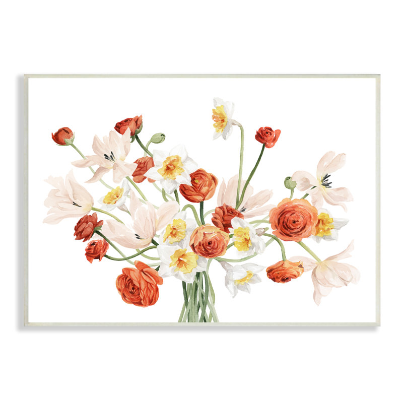 Minimal entrelacé orange bouquet de fleurs blanches par Grace Popp - Peinture, Plaque murale, H 10 po x l 15 po x P 0,5 po