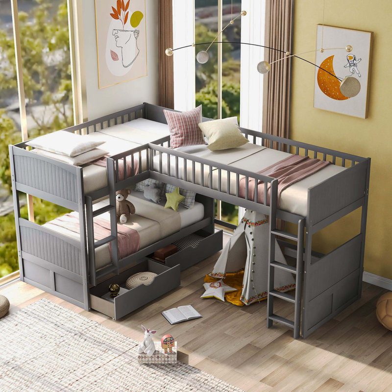 Twin Size Standard Bunk Bed With Attached Loft Bed Section And Two Convenient Storage Drawers, Grey, Grey