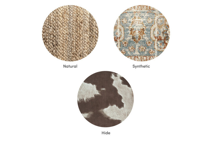 collage of area rug material types: natural, synthetic, and hide