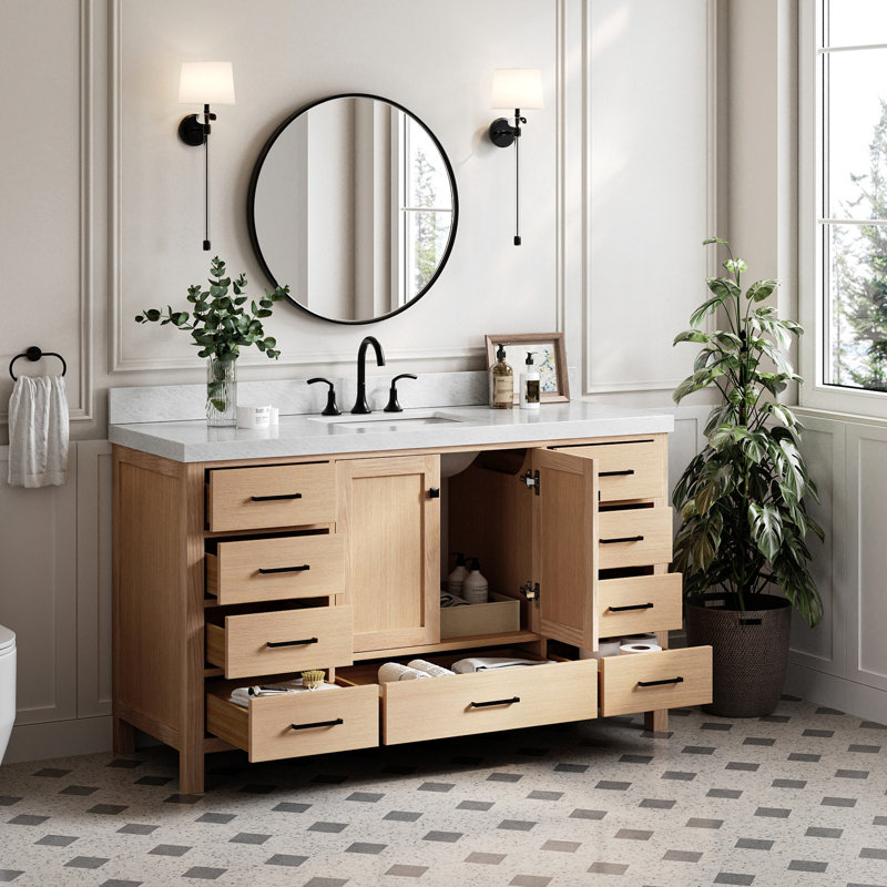 Cambridge Single Bathroom Vanity with Carrara Marble Top, Oak