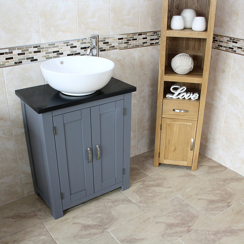 Robbs 650mm Single Bathroom Vanity with Vessel Ceramic Basin, Black Quartz, Grey