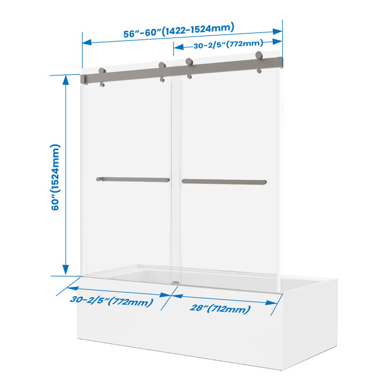 Porte de baignoire coulissante double sans cadre de 56 à 60 po x H 60 po avec verre trempé de 3/8 po, Nickel brossé