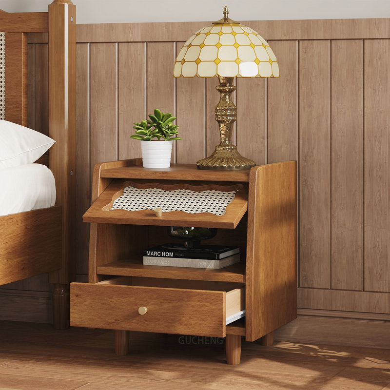 Table de chevet en bois exquise avec rangement en rotin pour l'élégance de la chambre à coucher