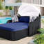 Lit de bronzage d'extérieur 79,9 "avec auvent réglable, double méridienne, lit de repos en rotin PE, osier noir et coussin bleu
