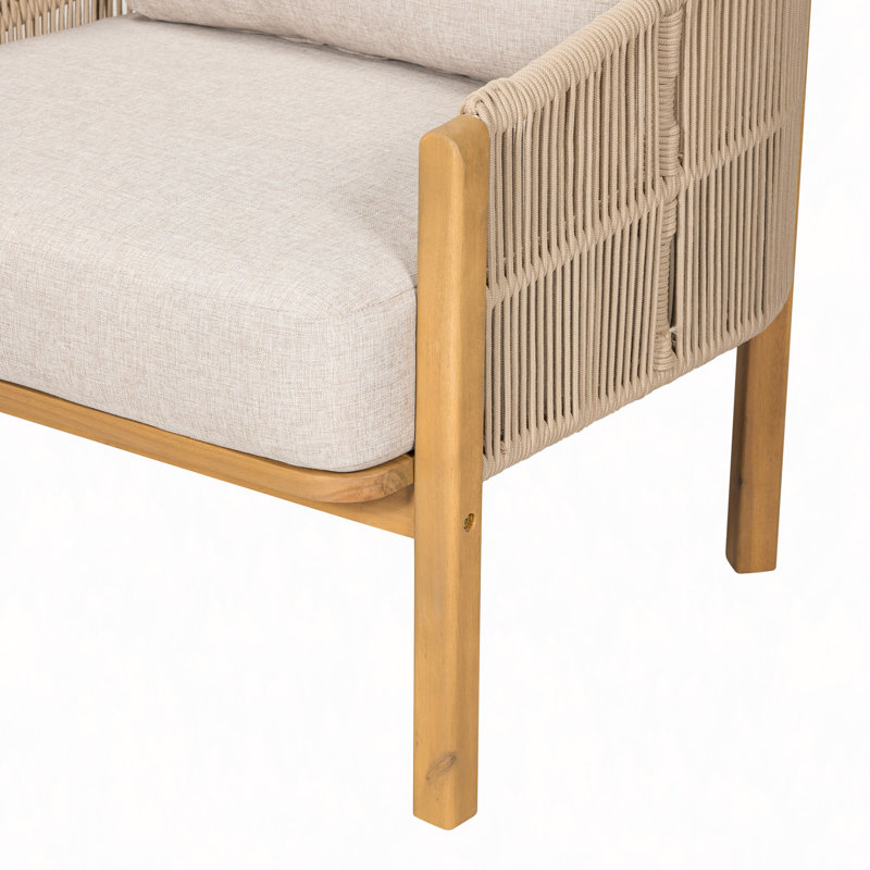 Fauteuil club d'extérieur en bois avec coussin, Coussin beige/couleur beige