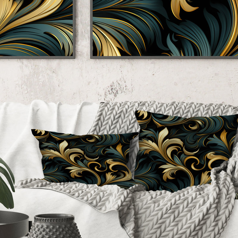 Or et bleu Luxury Damask Symphony IV - Coussin décoratif imprimé damassé, H 18 po x l 18 po