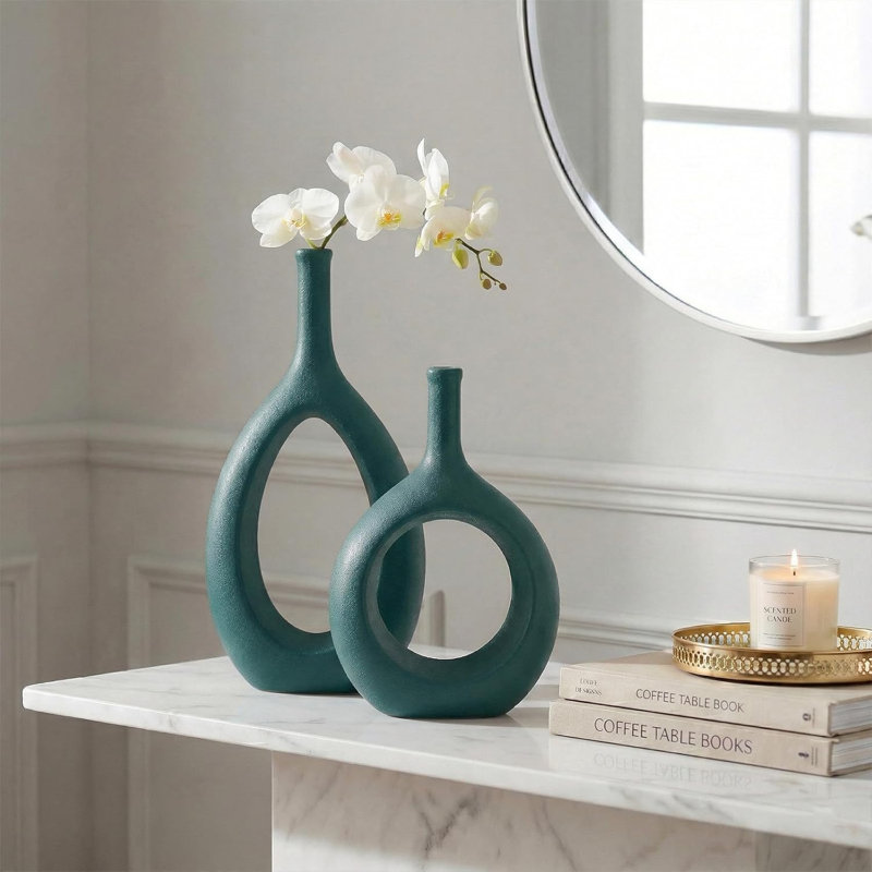 Green Ceramic Hollow Oval Vase