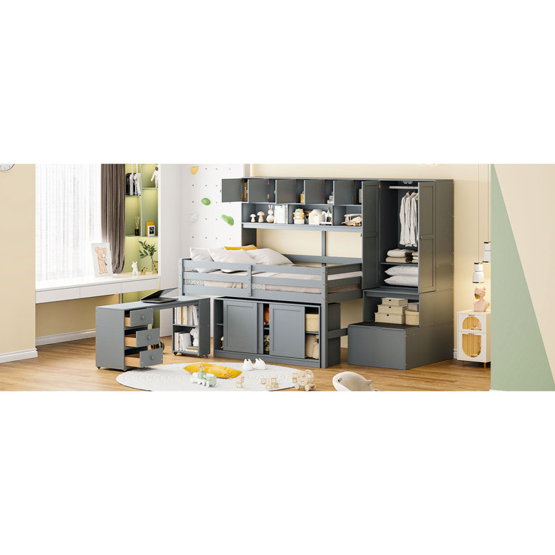 Lit mezzanine pleine grandeur de rangement gris avec espace de rangement, bureau et tiroirs pratiques, Lit double, Gris