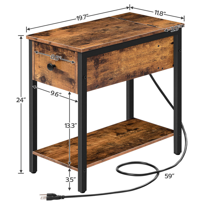 Huspon 24" End Table with Storage and Charging Station, Brown