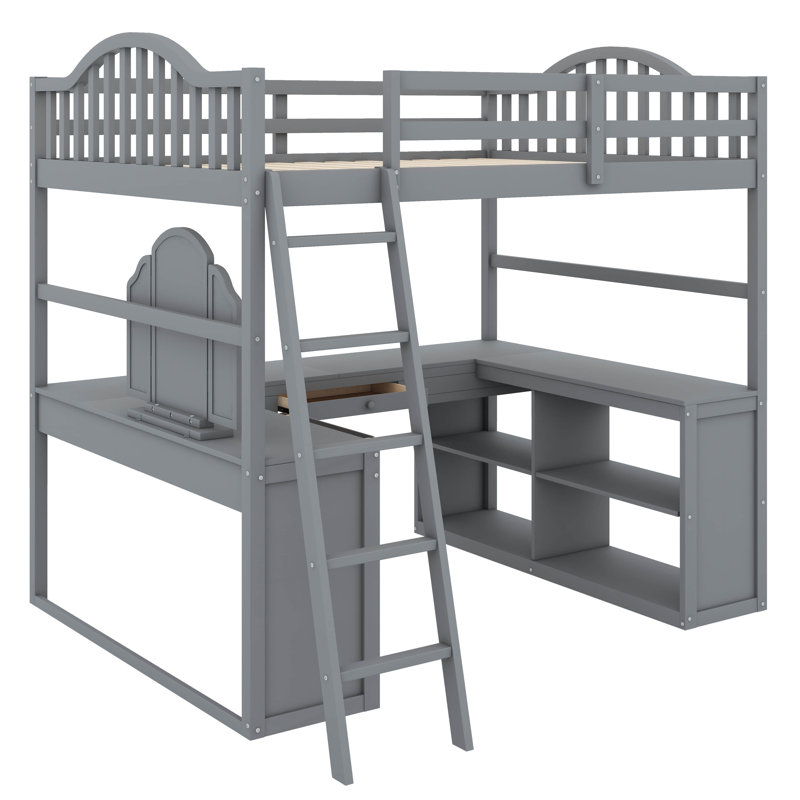 Loft Bed With U-shaped Desk, Bookcase And Mirror, Gray
