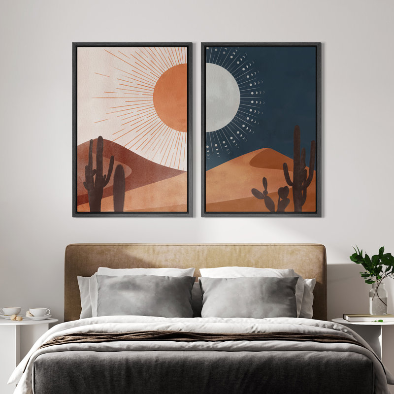 "Sun and Moon Day and Night Orange Desert Landscape", reproduction d'art sur toile encadrée 2 pièces, H 24 po x l 36 po, Noir