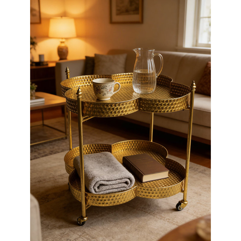 Two-Tier Bar Cart With Locking Wheels, Moroccan Embossed Design And Gold Finish For Vintage Glam And Eclectic Decor