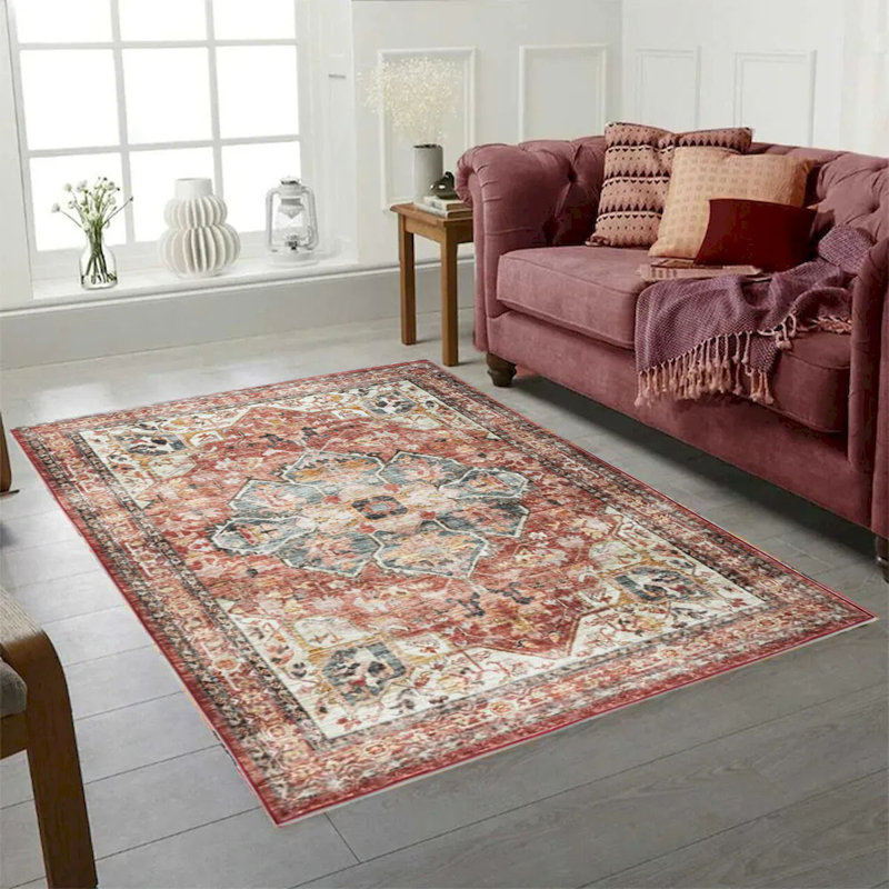 Brio Washable Non Slip Red Tones Modern Rug, Rectangle 4' x 6'