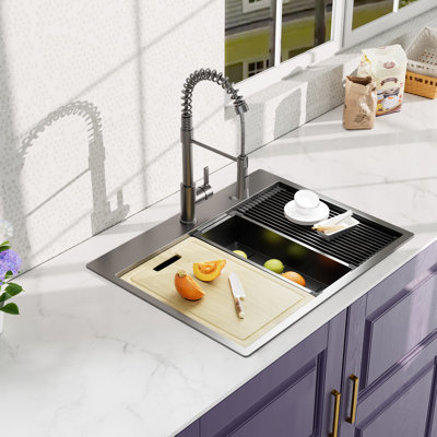27 Inch Stainless Steel Kitchen Sink - Gunmetal Black, With Faucet & Versatile Use 27" Black Faucet, Spacious Capacity, And Stylish Build